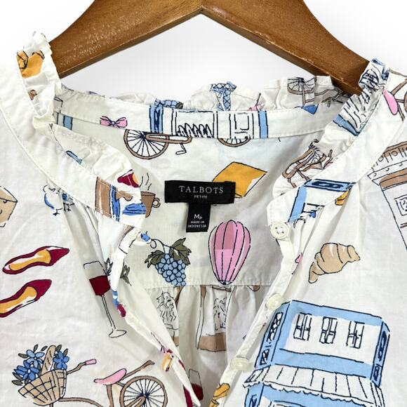 Talbots Paris Icons Ruffle Popover MP Cotton Blouse Top French Print Peasant - Picture 3 of 9